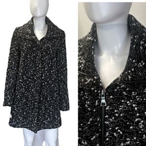 LOFT Black Nubby Boucle Tweed Coat Women Size Small Zip Front A-Line Long Jacket
